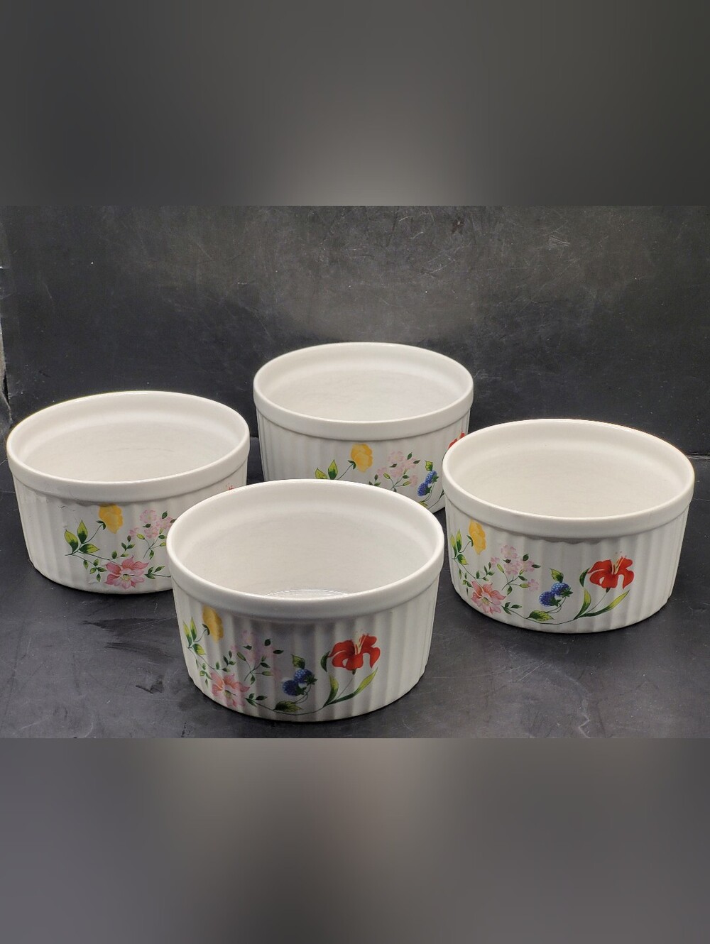 Vintage Spring Song Japan Ceramic Ramekins Set of 4 Ribbed Floral Souffle Dishes